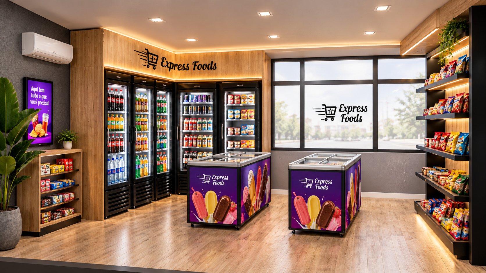 Interior de minimercado Expresso Foods com refrigeradores, gôndolas e freezers