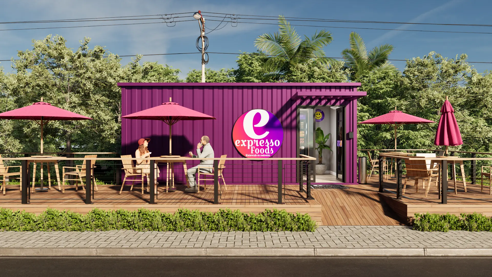 Projeto externo de minimercado Expresso Foods em formato modular