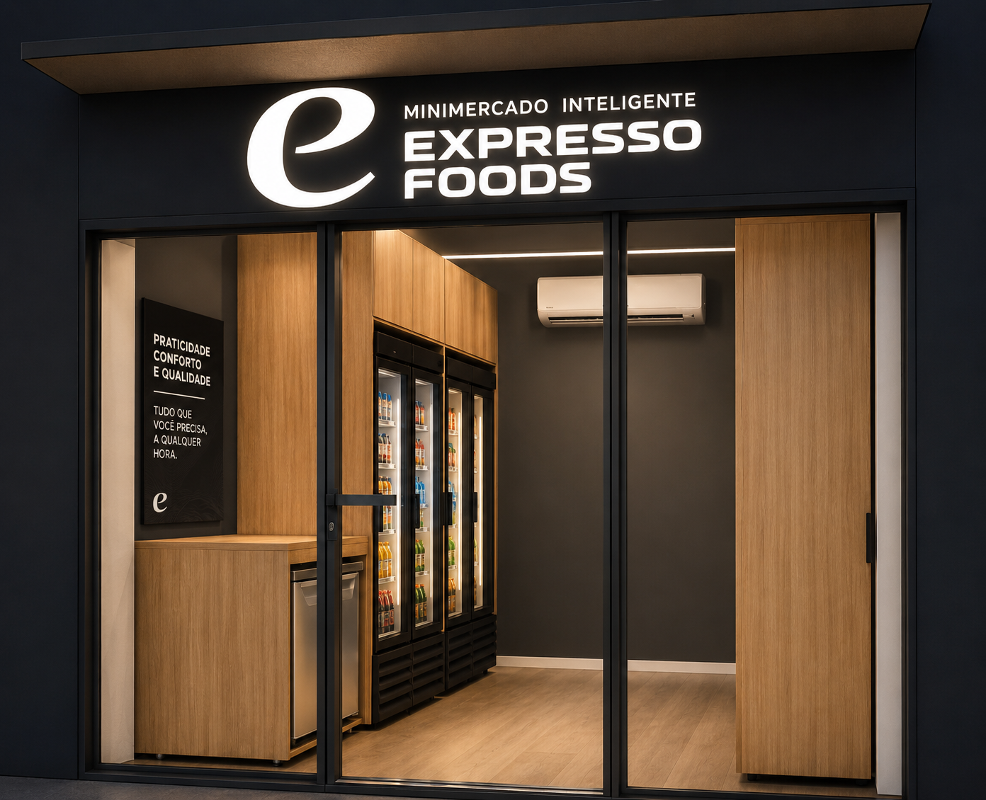 Fachada de minimercado inteligente Expresso Foods com acabamento em madeira
