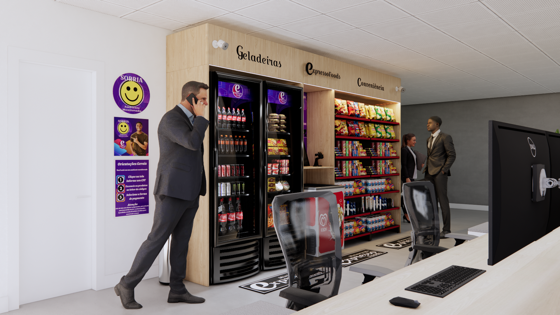 Minimercado Expresso Foods integrado a um ambiente corporativo