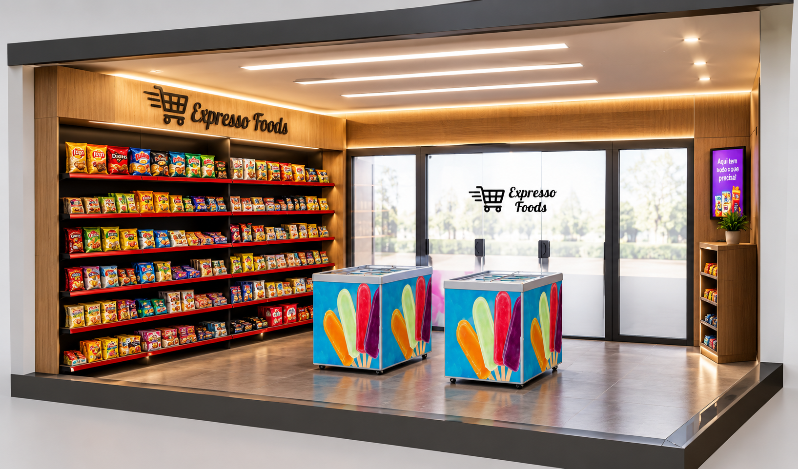 Projeto de minimercado com prateleiras, expositores refrigerados e iluminação integrada