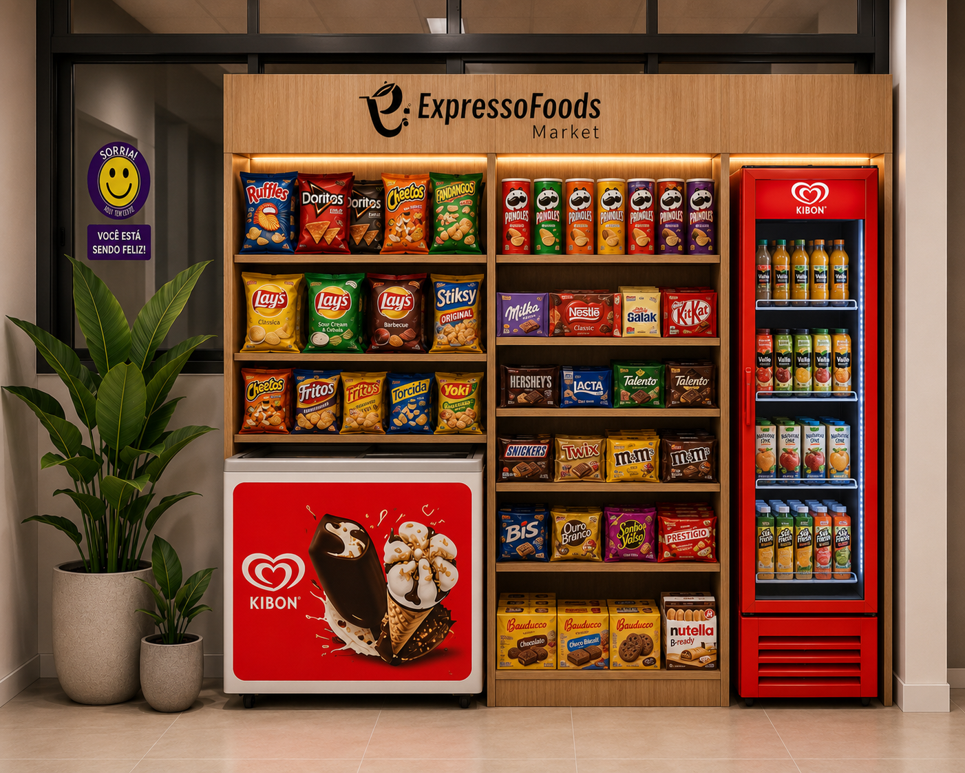 Projeto compacto de minimercado Expresso Foods com snacks, bebidas e sorvetes