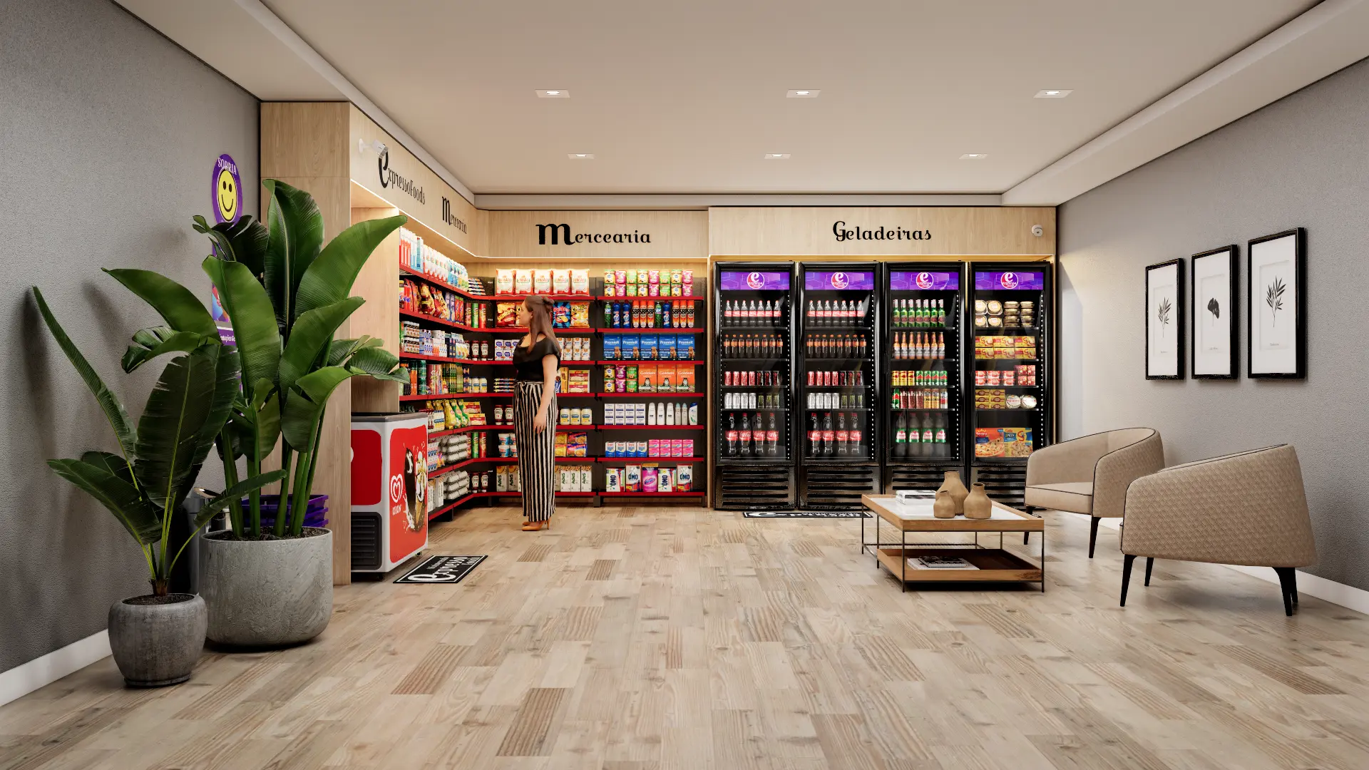 Projeto de minimercado Expresso Foods em ambiente residencial